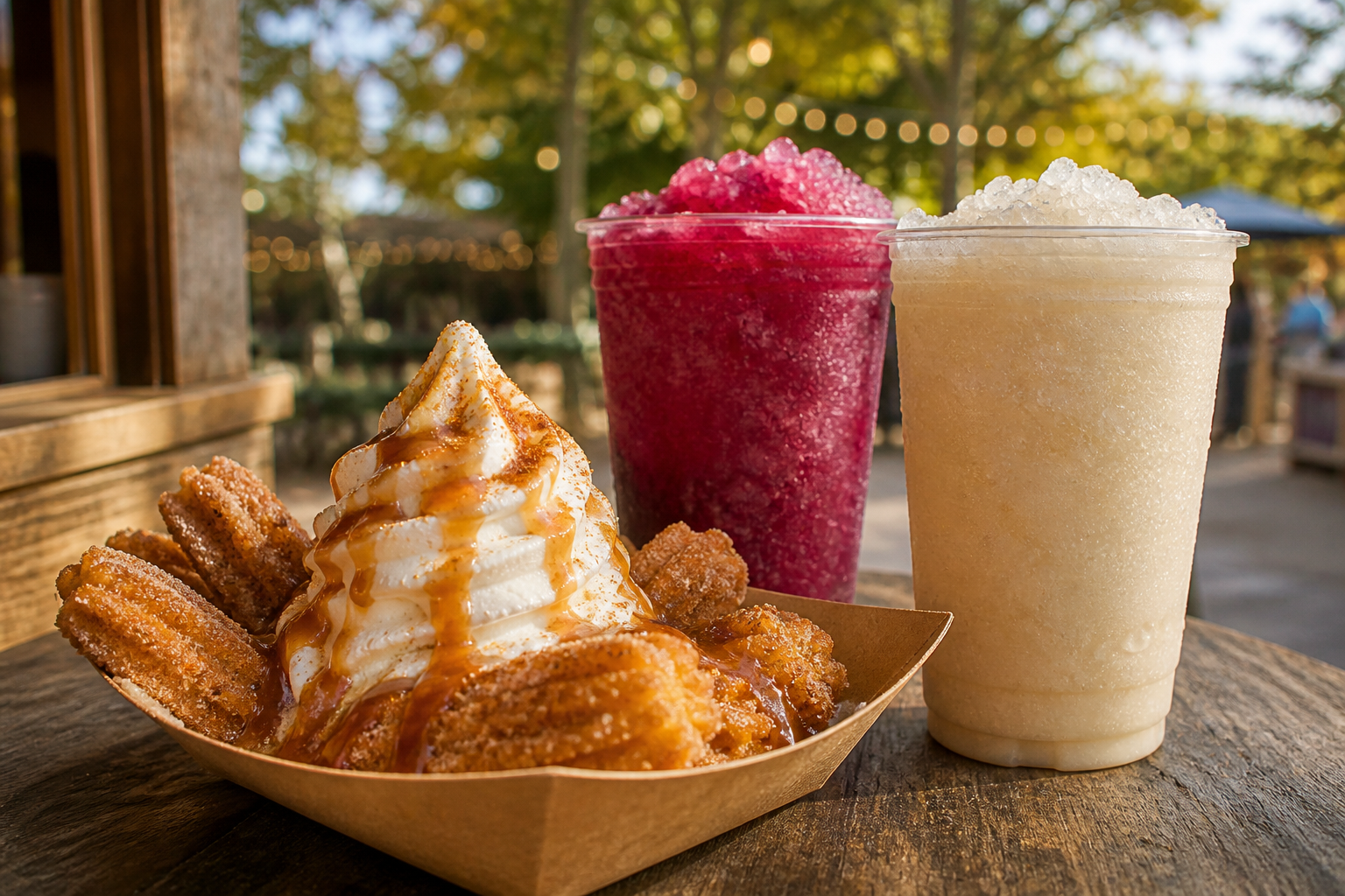 A tray of new Disney World fall churros and frozen drinks